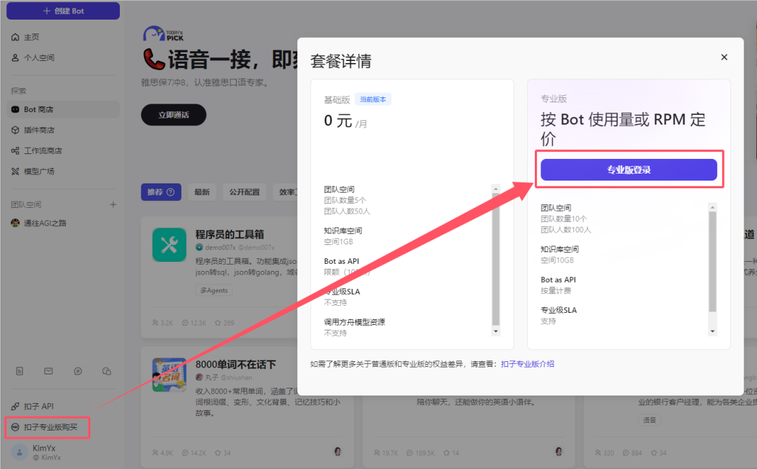 Coze.cn 切换专业版，同步及余量查询 配图 2