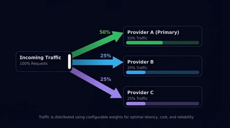 Image 16: Diagram illustrating weighted load balancing distribution across multiple API keys with traffic percentages