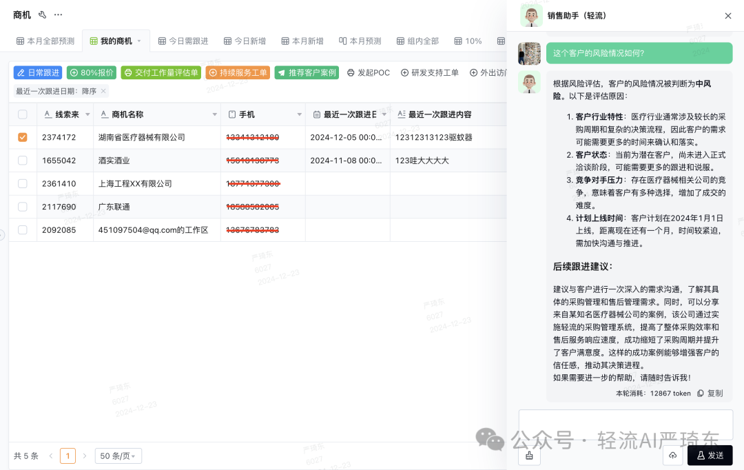 轻流深度集成DeepSeek 后搭建的 AI+CRM销售管理系统好用到起飞！！ 配图 5