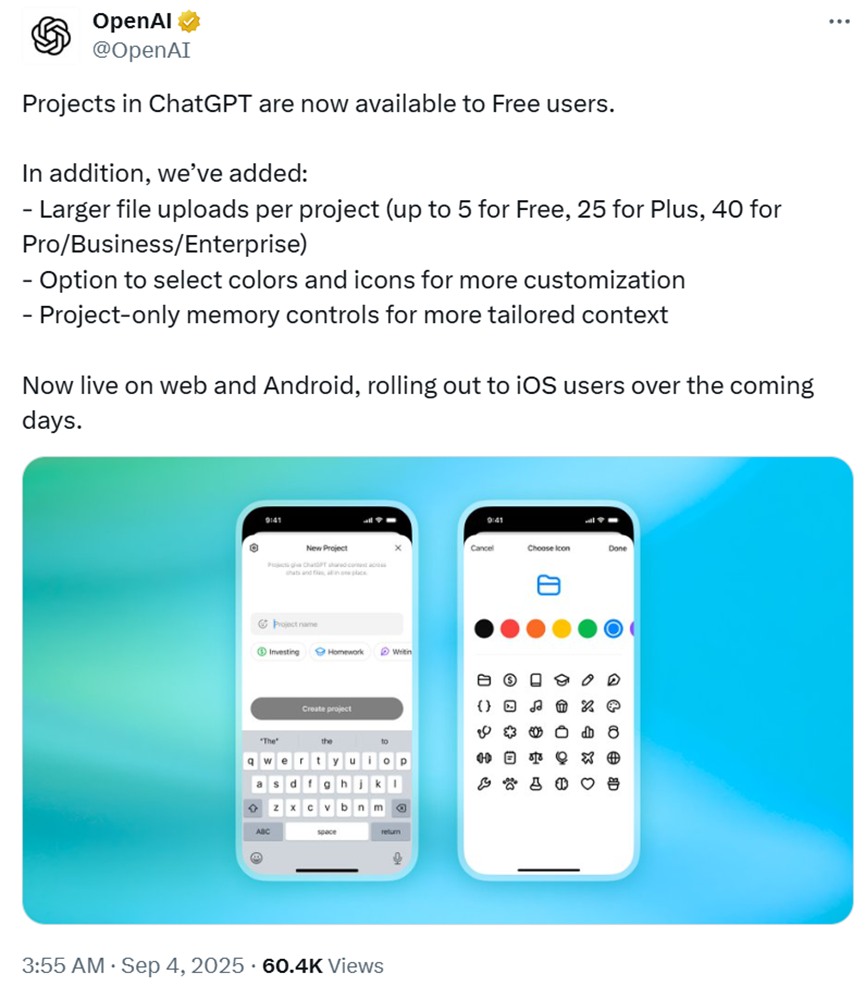 重大福利！OpenAI免费开放ChatGPT Projects，3大功能太香了