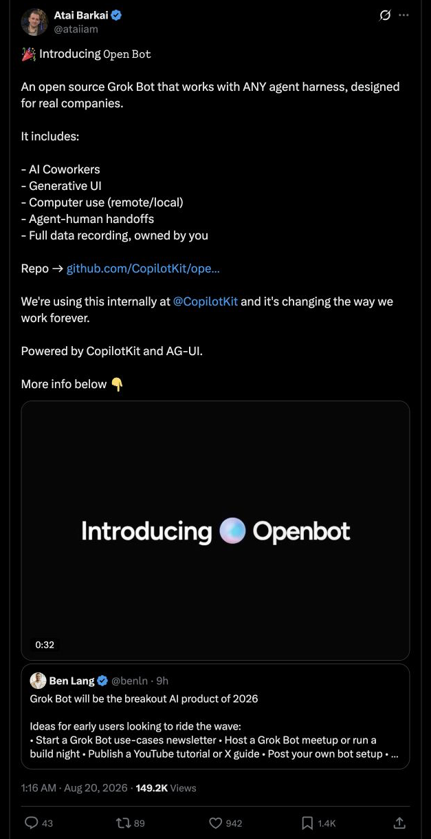 CopilotKit 推出完全开源的 Open Bot,支持 AI 同事、生成式 UI、计算机使用、人机交接与完整数据所有权,可与任何 AG-UI 兼容 ha…