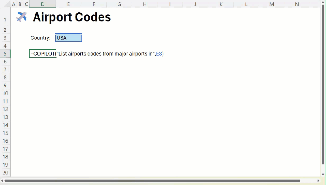 COPILOT Function Microsoft Excel Airport Codes