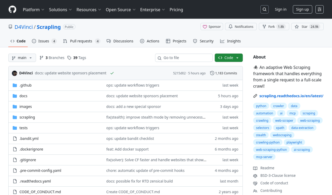 Scrapling GitHub 项目主页（24.9k Star）