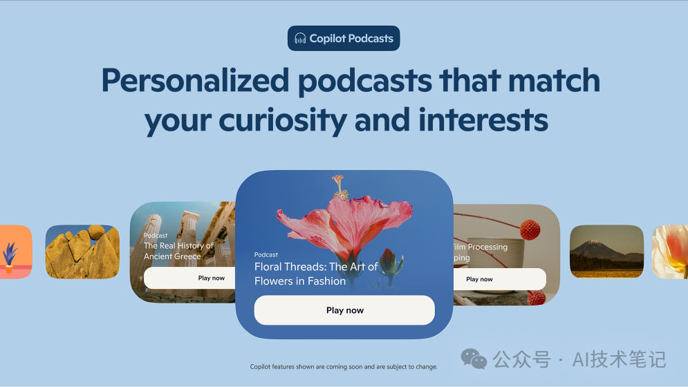 An image of Copilot podcast screen with the words: Turn hours of scrolling into minutes of listening.