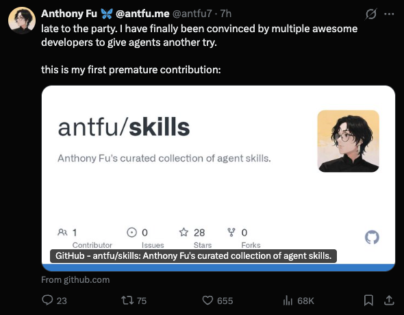 闭眼冲！Vue 生态 Skills 全家桶！@Anthony Fu 力作！