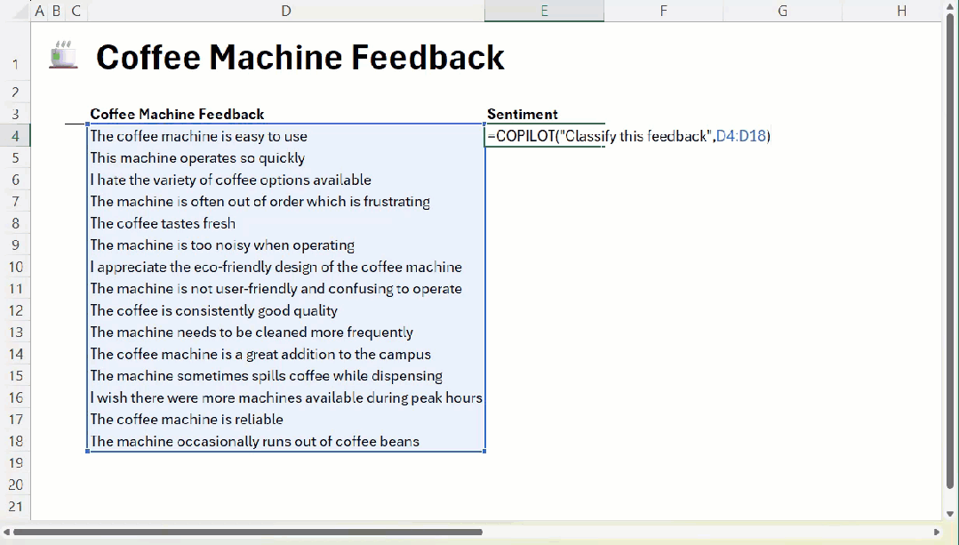 COPILOT Function Microsoft Excel Sentiment Analysis