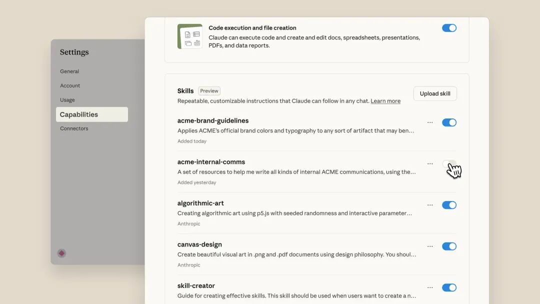 The Skills capabilities interface in Claude.ai with example Skills toggled on.