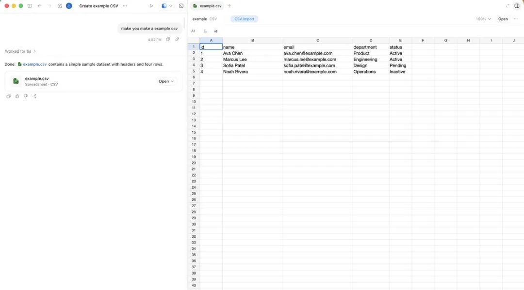 原文截图：CSV 表格可以留在 Codex 侧边栏里检查，不必跳出当前线程。