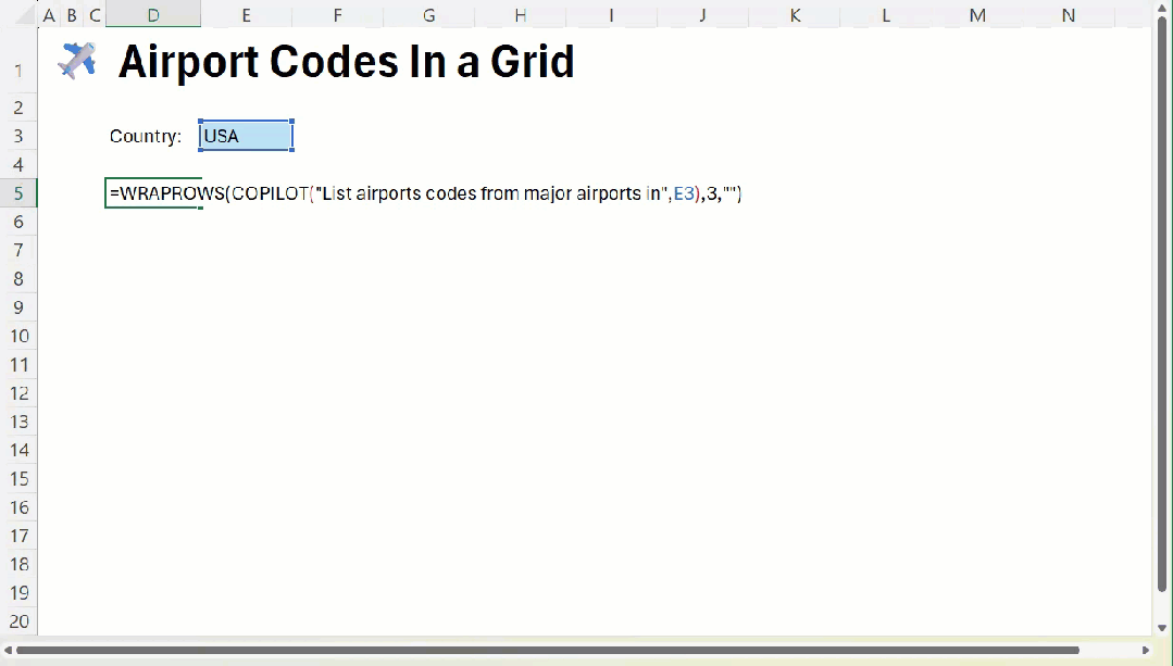 COPILOT Function Microsoft Excel Airport Codes Grid