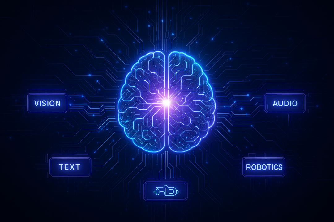 A futuristic AI brain or neural network core, glowing with electric blue and purple hues, connected via luminous circuits to multiple modular units, each representing different AI model types (like vision, text, audio, and robotics), all set against a sleek, high-tech interface background — a tech-forward, cybernetic aesthetic.