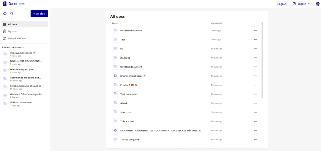 the user interface of docs on a demo instance hosted on a server, showing many documents in a list