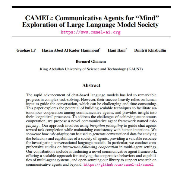 CAMEL：Agent的自主合作新框架