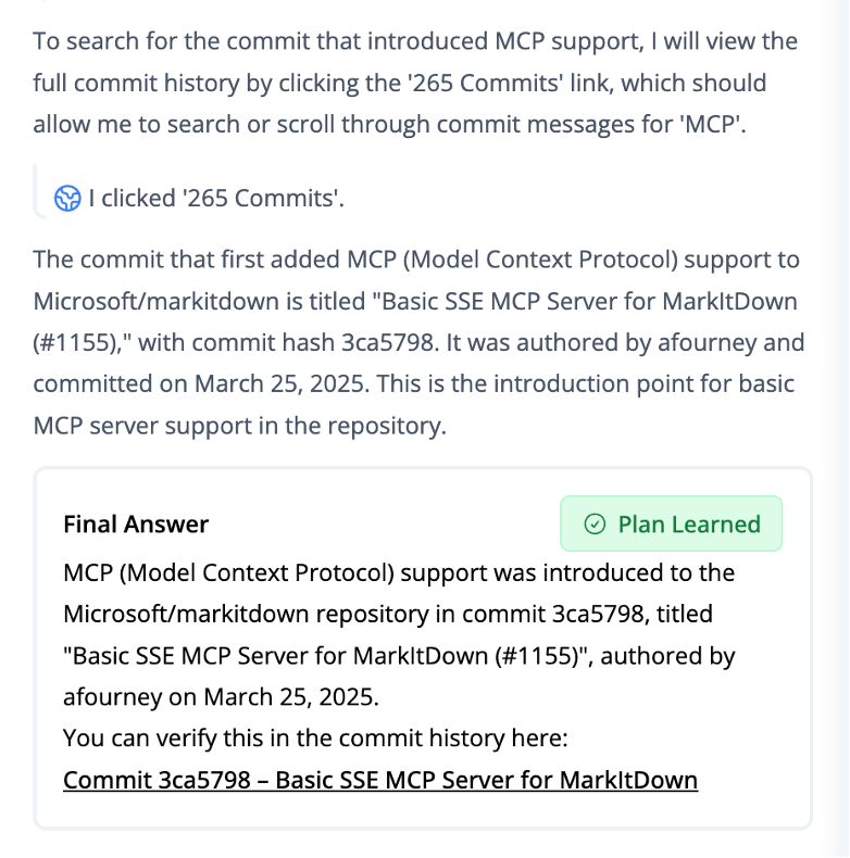Figure 5: Plan learning – Once a task is successfully completed, users can request Magentic-UI to learn a step-by-step plan from this experience.