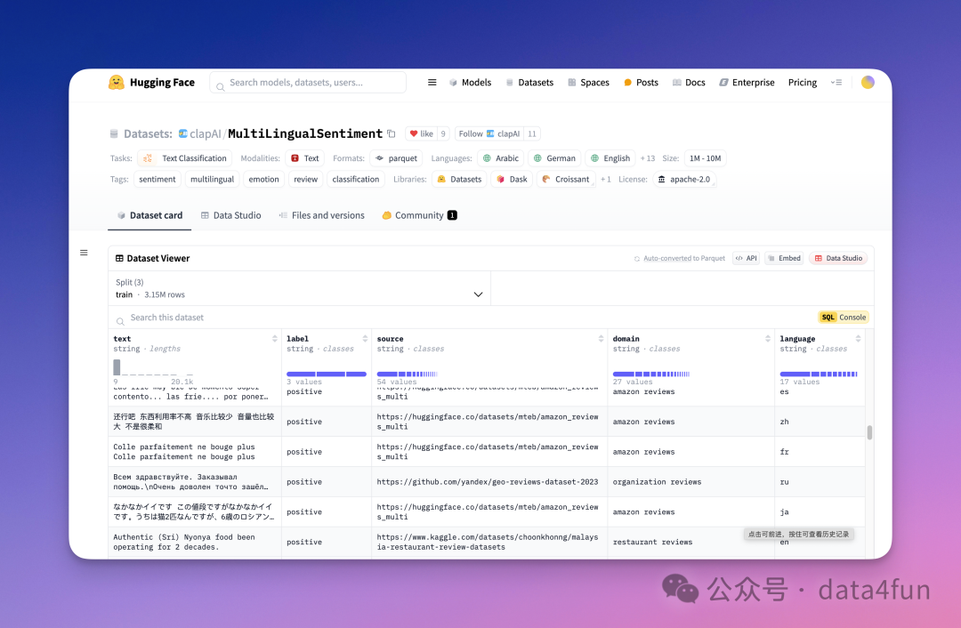 Datasets 页面