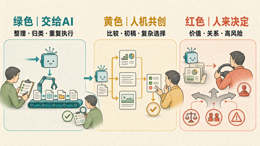 AI 生成信息图：低风险自动执行、中风险人机共创、高风险人类决策