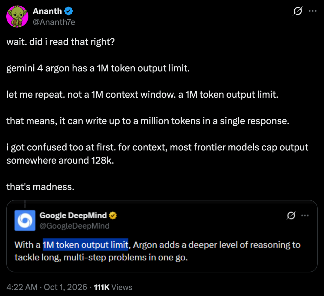 刚刚，谷歌发布Gemini 4 Argon：单次输出上限达100万Token 配图 3