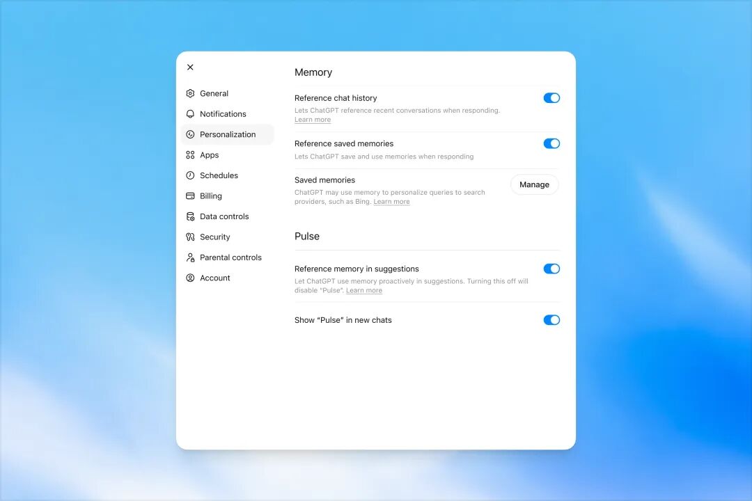 Memory settings page in ChatGPT showing options to reference chat history, use saved memories, manage saved memories, and enable Pulse memory suggestions.
