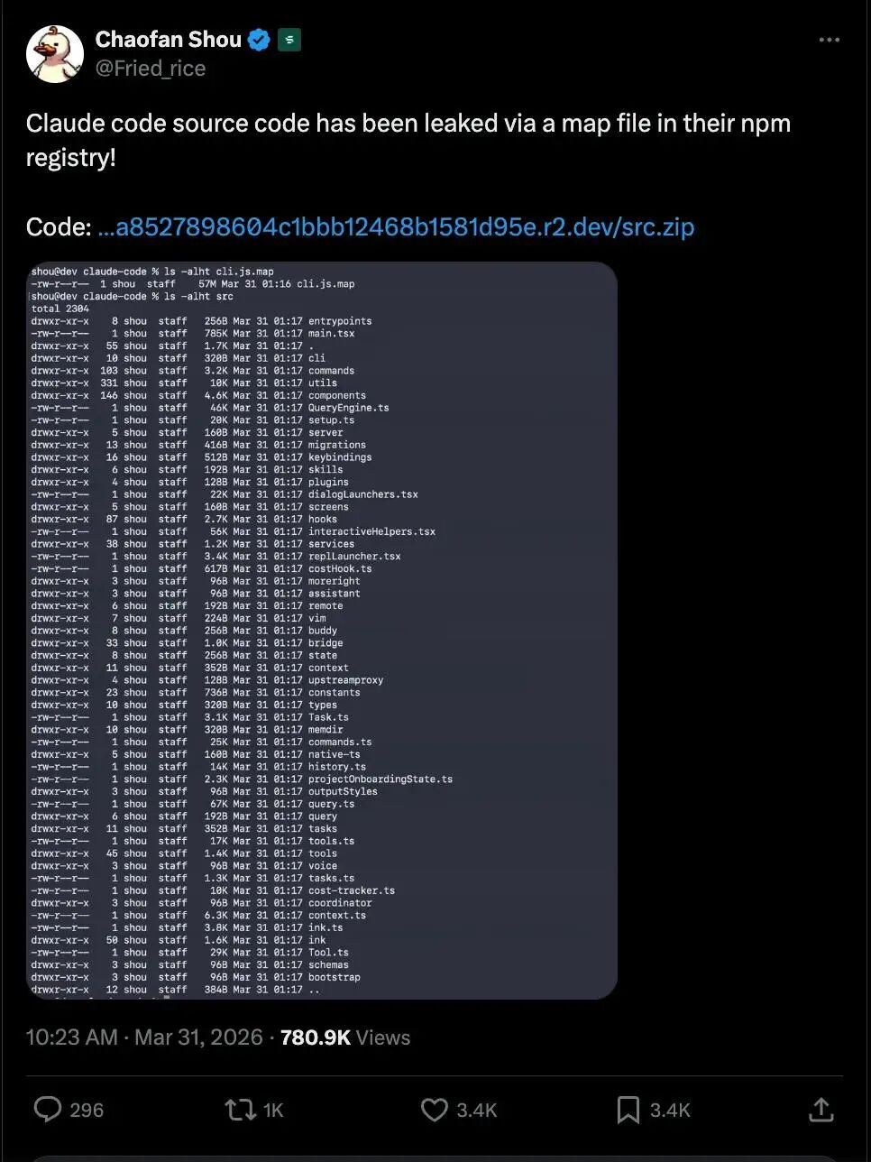 Chaofan Shou在推特上公开了Claude Code源码泄露事件，推文获得78万次浏览，附带终端截图展示了还原出的完整源码目录结构