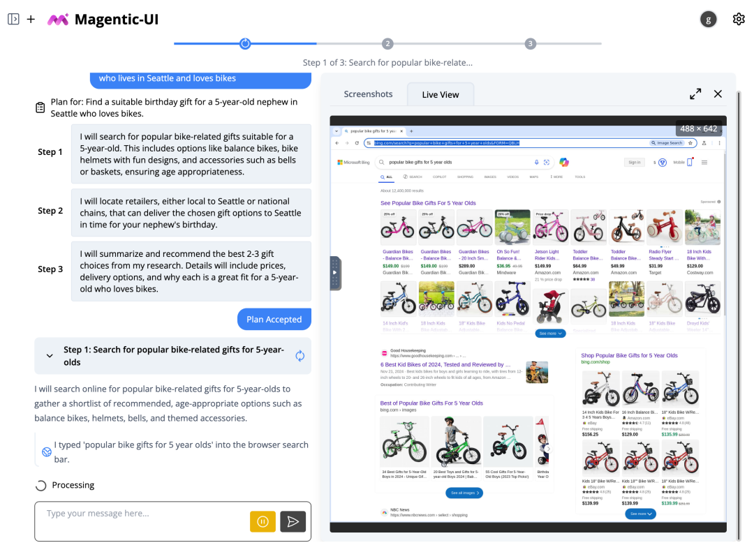 Figure 1: Screenshot of Magentic-UI actively performing a task. The left side of the screen shows Magentic-UI stating its plan and progress to accomplish a user’s complex goal. The right side shows the browser Magentic-UI is controlling.