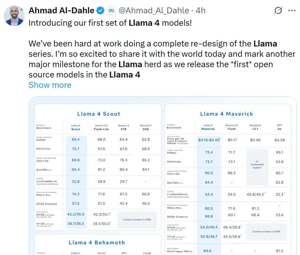 Meta深夜开源Llama 4！首次采用MoE，惊人千万token上下文，竞技场超越DeepSeek 配图 2
