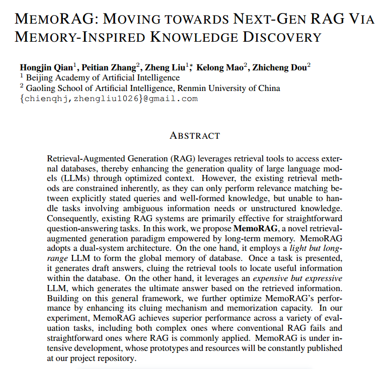 MemoRAG：​通过受记忆启发的知识发现迈向下一代RAG