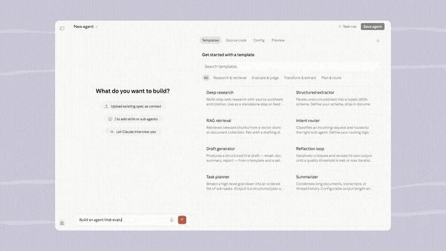 「What do you want to build?」——输入一句需求，自动生成 Agent 配置和 API 调用代码