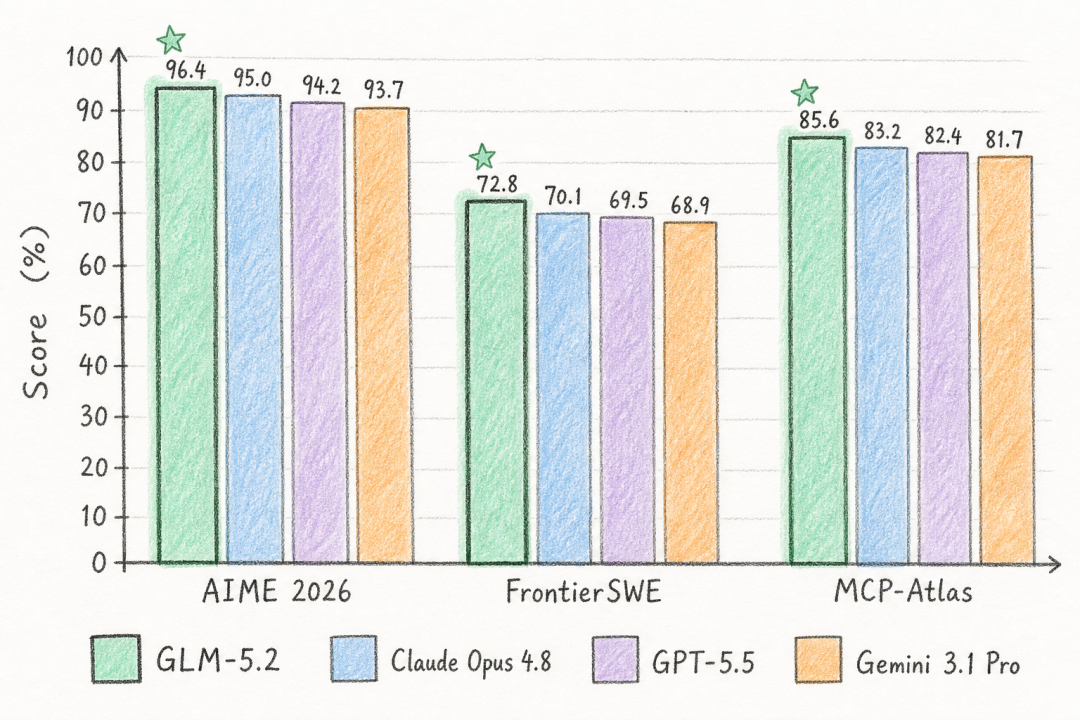 Benchmark对比柱状图：AIME 2026、FrontierSWE、MCP-Atlas