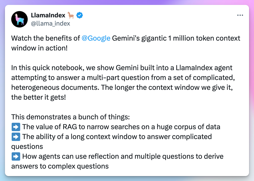 Google Gemini  1M 长下文窗口 + LlamaIndex agent 处理复杂、多样化文档，精准解答