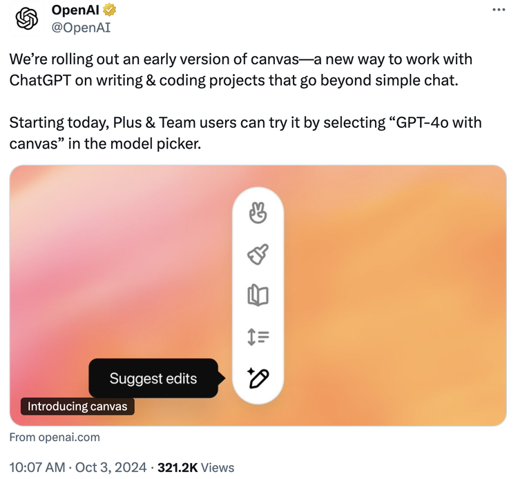 ChatGPT上线全新功能Canvas，这是OpenAI融资66亿美元的底气？