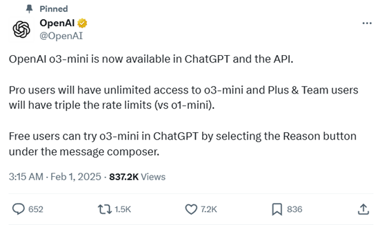 刚刚，OpenAI发布o3-mini，可免费使用、3大推理模式