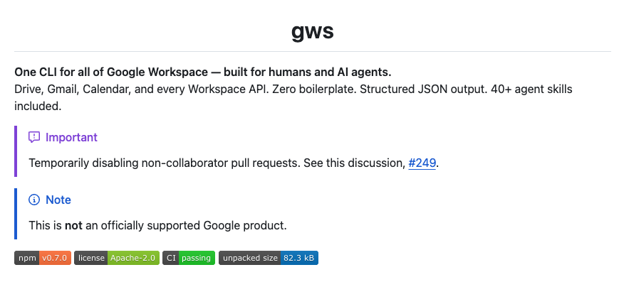 Google Workspace 团队开源了一个工具，叫 gws，直接搬进终端里了。 配图 2