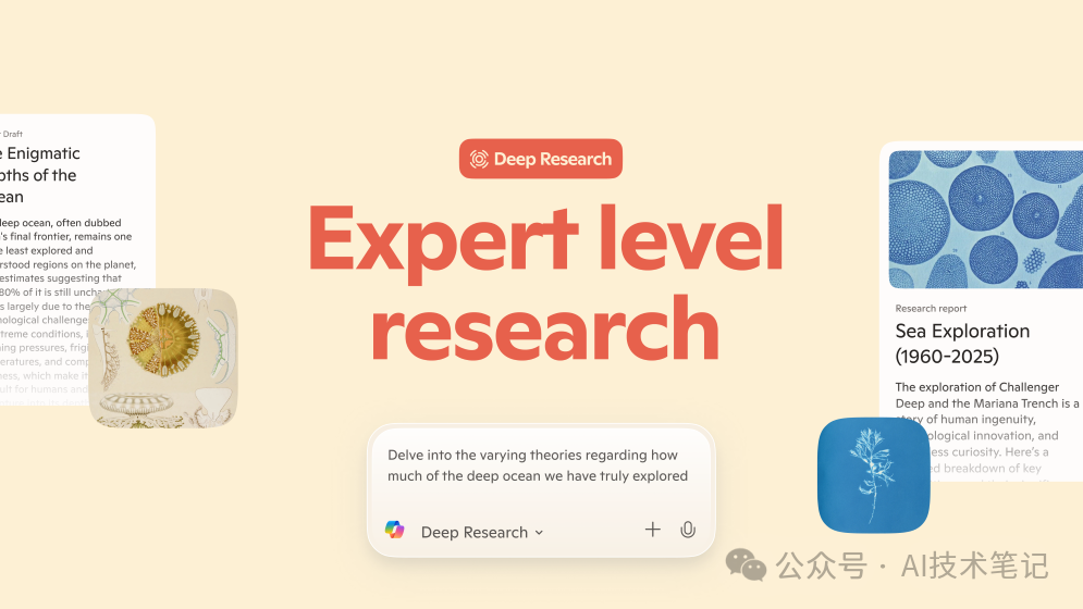 An image of the Copilot Deep Research screen with the words: Expert level research.