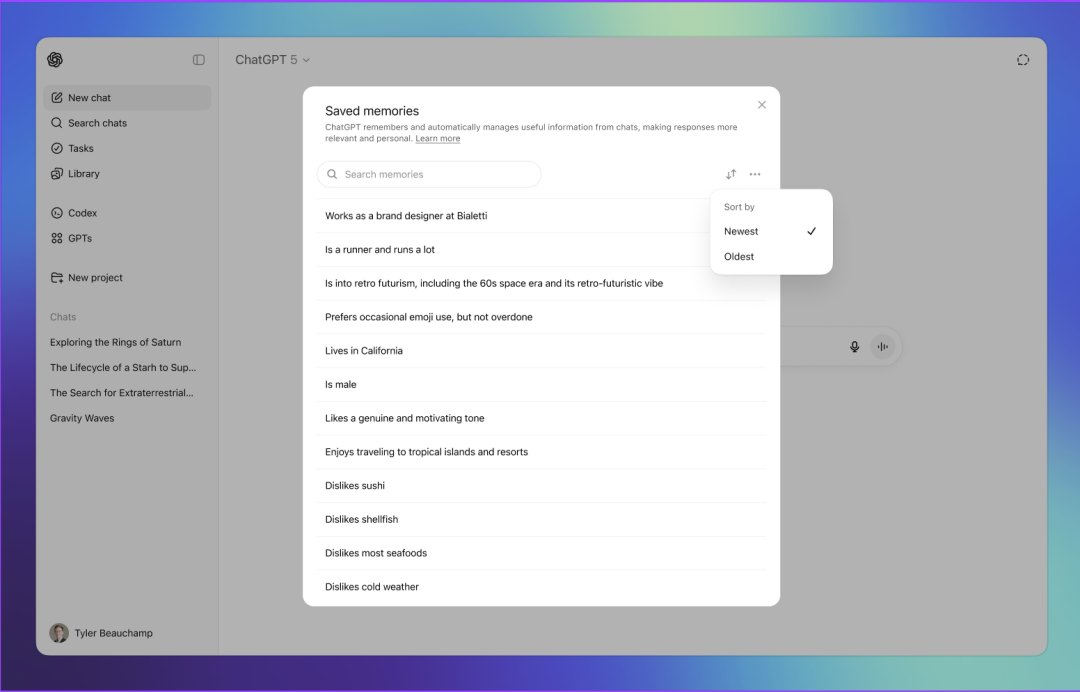 Saved memories list in ChatGPT with Sort by menu open and Newest selected