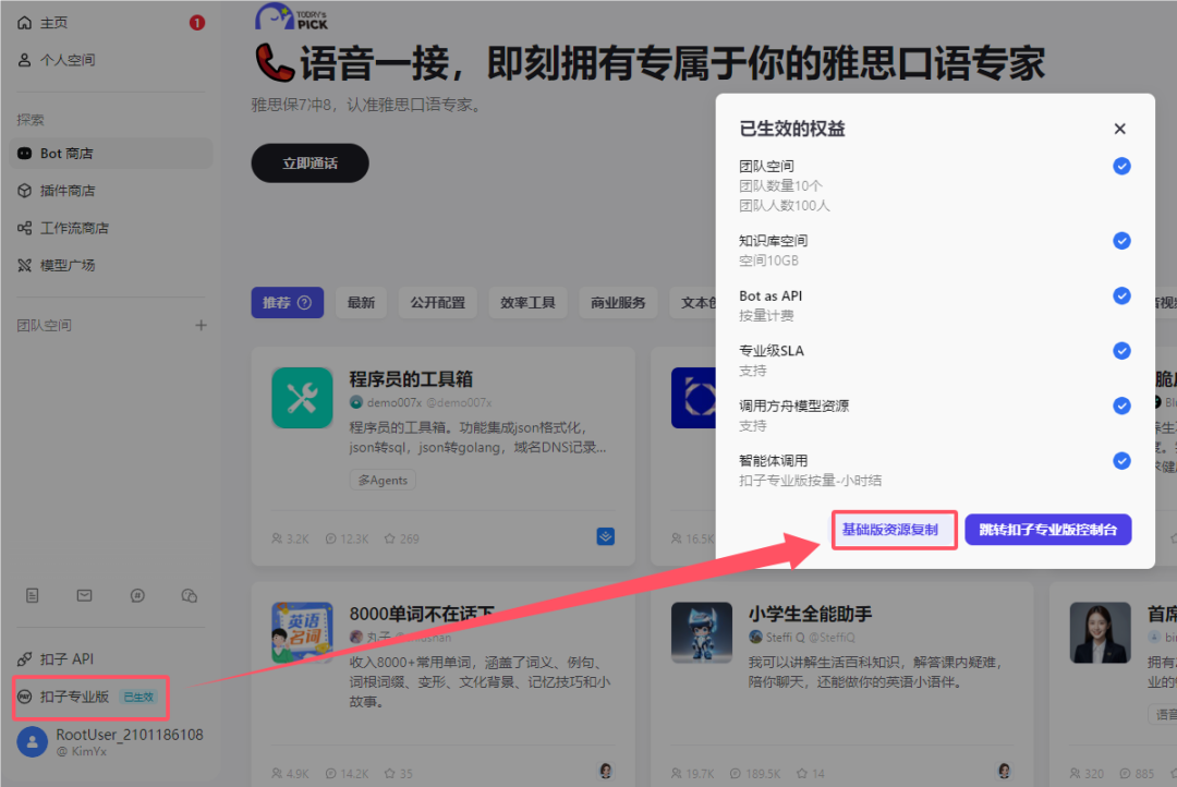 Coze.cn 切换专业版，同步及余量查询 配图 3