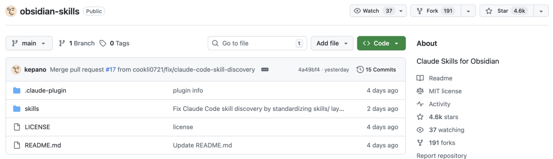 Obsidian CEO 亲自下场！开源 obsidian-skills，4 天狂揽 4.6K Star！