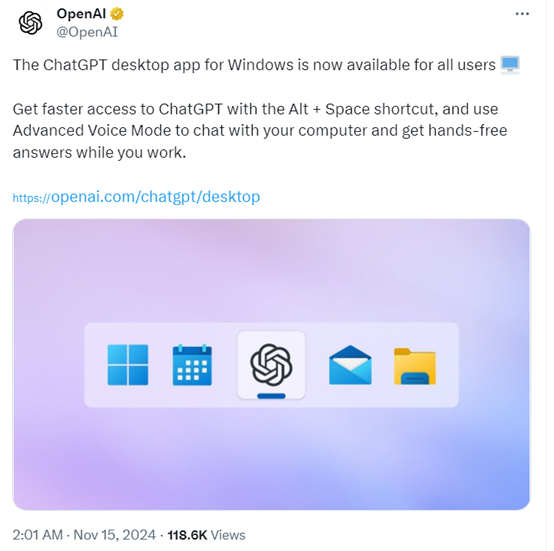 刚刚，OpenAI发布Windows版ChatGPT，高级语音能用了