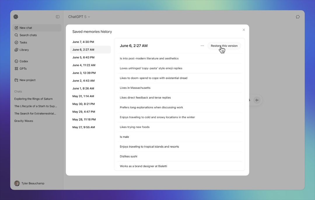 Saved memories history in ChatGPT with an earlier version selected and Restore this version highlighted