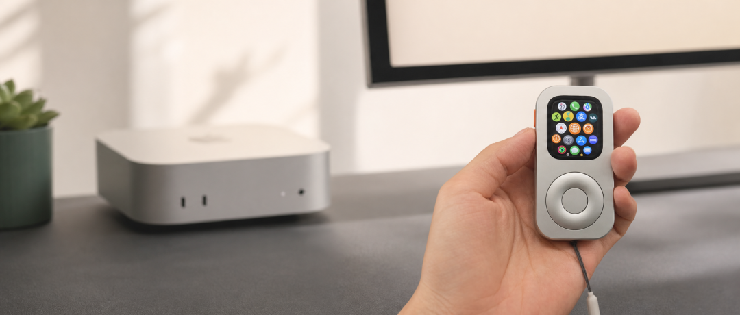 一只套进 iPod 外壳的 Apple Watch 被拿在 Mac mini 桌面前